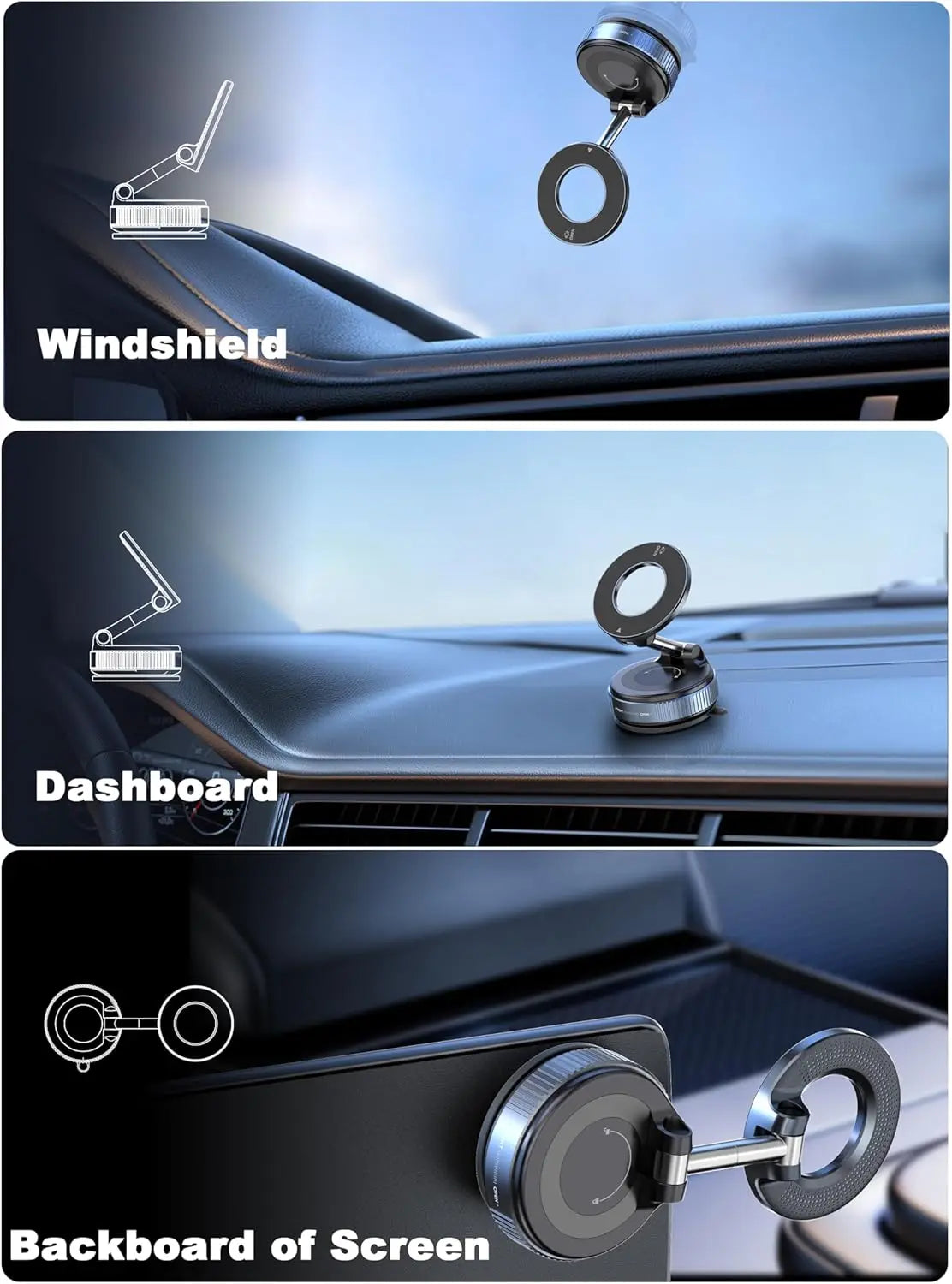 Support magnétique puissant pour téléphone de voiture, pliable et réglable à 360°, avec ventouse universelle pour voiture et bureau.